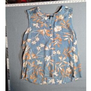 Como Black Women XL Blue Orange Floral Sleeveless Blouse Lace Shoulder Accent